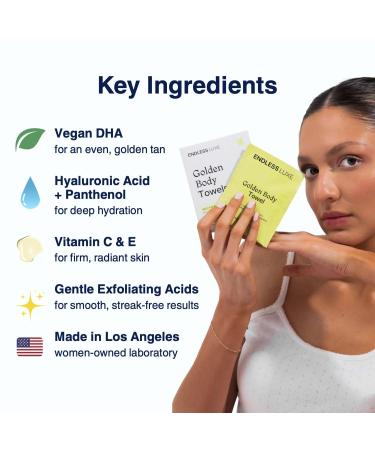 Endless Luxe Golden Body Towels Self-Tanning Towelettes (8 Count) | Medium Natural Tan Hydrating with Hyaluronic Acid & Vitamin E | Vegan Streak-Free Made in USA - Buy Online on GoSupps.com