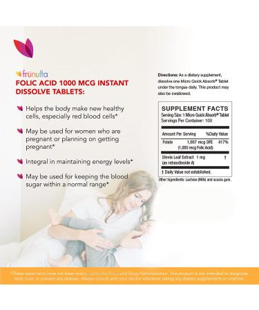 Frunutta Folic Acid 1000 mcg Under The Tongue Instant Dissolve Tablets - 100 Count | Non-GMO & Gluten Free Dietary Supplement - Buy Online on GoSupps.com