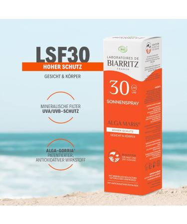 Laboratoires de Biarritz Sonnenspray LSF30 ALGA Maris Bio - Certified SPF 30 Sunscreen for Face & Body - Light Fluid Texture - 100ml Made in France - Buy Online on GoSupps.com