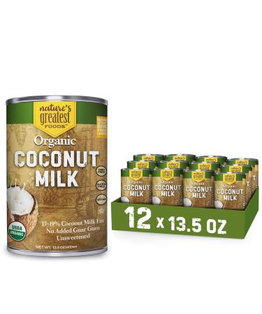 Organic Coconut Milk by Natures Greatest Foods - 13.5 Oz - No Guar Gum, No Preservatives  Gluten Free, Vegan and Kosher - 17-19% Coconut Milk Fat, Unsweetened (Pack of 12) Organic 12 Pack 13.5 Ounce (Pack of 12)