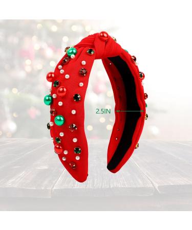 Christmas Headband Pearl Knotted Hair Band with Rhinestone Wide Top Knot Fashion Headband for Women Girls Christmas Hair Accessories (Red) - Buy Online on GoSupps.com