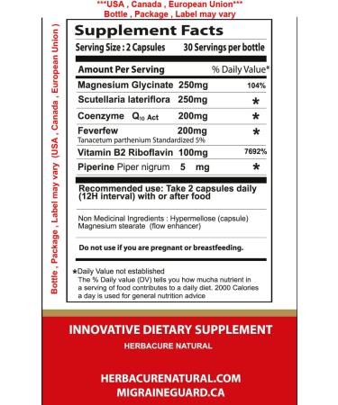 MIGRAINE Guard 2022: Clinically Proven COQ10, VIT B2, Feverfew, Magnesium GLYCINATE & Skullcap | NEW 2022 Migraine Relief - Buy Online on GoSupps.com