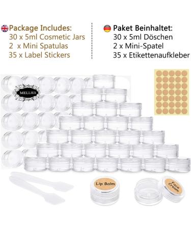 30 Pcs Mini Cream Jars with Labels & Spatula for Nail Art & Lip Balm - 5G 5ml Clear Tiegel - International Shipping Available - Buy Online on GoSupps.com