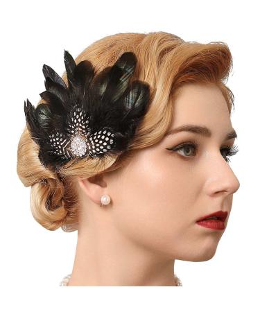 GENBREE Flapper Headpiece Black Feather Hair Clip Rhinestone 1920s Gatsby Feather Headbands Prom Party Head Accessories for Women and Girls (Style 1)