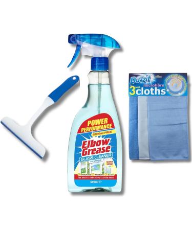Window Cleaner Kit by Great British Home - Elbow Grease Glass Cleaner with Vinegar 500ml 3 pack Microfibre Cloths and Squeegee for Shower and Window - Buy Online on GoSupps.com
