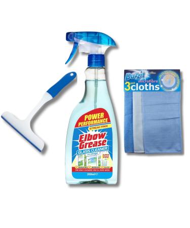 Window Cleaner Kit by Great British Home - Elbow Grease Glass Cleaner with Vinegar 500ml 3 pack Microfibre Cloths and Squeegee for Shower and Window