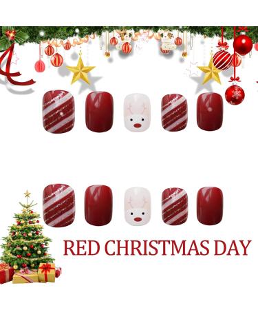 24 Pcs Wine Red Elk Christmas Day False Nails - Full Cover Square Stick on Nails with Glue for Women and Girls Nail Art - Buy Online on GoSupps.com