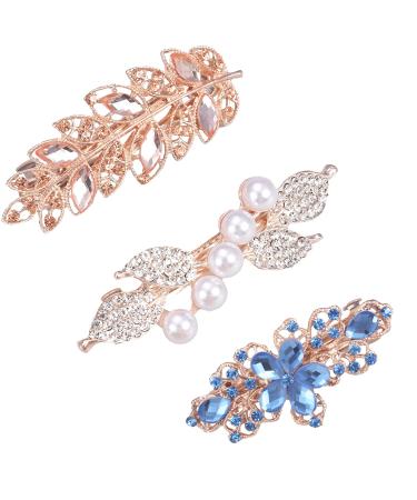 HOYOEY 3 Pieces Rhinestone Leafy Barrette Large Hair Clip Crystal Diamante Flower Design Hair Barrette Hair Clip Hair Slide