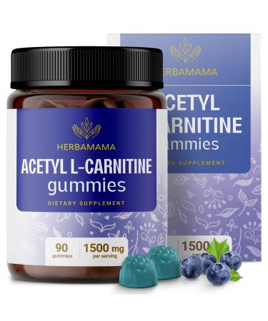 HERBAMAMA Acetyl L-Carnitine Energy Gummies - 1500 mg ALCAR Energy Support Supplements for Women and Men - Vegan Gelatin-Free Non-GMO - 60 Blueberry-Flavored Chews