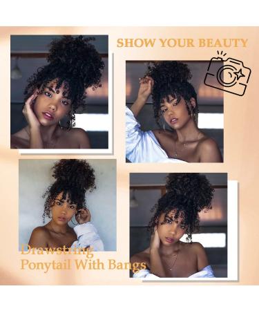 Short Kinky Curly Afro Puff Drawstring Ponytail with Bangs - 1B | Black Women's Pineapple Updo Hair - Buy Online on GoSupps.com