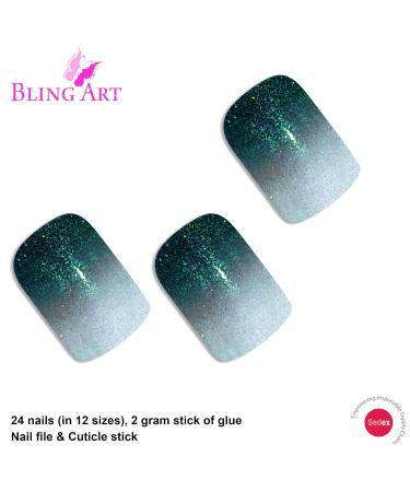 Shop Bling Art Black Green Gel Ombre French False Nails 24 Squoval Tips for Stunning Looks | International Shipping Available - Buy Online on GoSupps.com