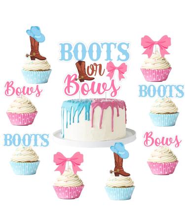 kreat4joy 25pcs Boots Or Bows Gender Reveal Decorations Double-Sided Printing Boots Or Bows Cake Topper Cupcake Toppers for Western Cowboy Cowgirl Gender Reveal Party Decorations