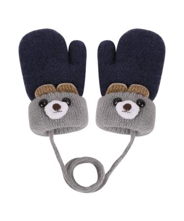 Toddler Kids Winter Warm Thick Plush Short Knitted Gloves With String for 1-3Yrs Navy Blue/Bear