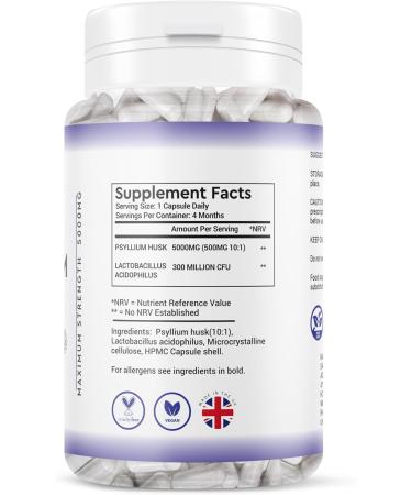 Physlium Husk 5000mg - 4 Month Supply 120 Capsules - Vegan Physlium Husk - Buy Online on GoSupps.com