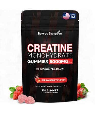 Creatine Monohydrate 5000mg Gummies, Pre-Workout 5g Creatine Gummy Supplement for Men & Women: Muscle Builder & Energy Boost, Sugar Free, Vegan, Strawberry Flavor, (120 Count) Made in USA