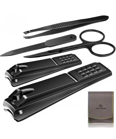 Manicure Pedicure Kit Nail Clippers Set Fingernails & Toenails Vibrissac Scissor 5 Pieces Best Care Tools for Man & Women with Travel Case (Gray/black_A)