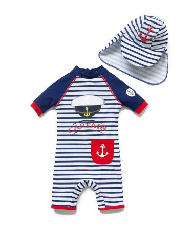BONVERANO Baby Boys Swimsuit Toddler Bathing Suit Short-Sleeve Zipper One Piece Swimwear with UPF 50+ Sun Protection 18-24 Months Captain