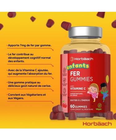 Iron Gummies Kids 7mg with Vitamin C | 60 Vegan Gummies Cherry Flavor | Iron Supplement Food Supplement | Iron Supplement + Vitamin C for Kids | by Horbaach - Buy Online on GoSupps.com