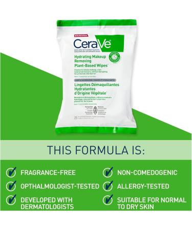 CeraVe Hydrating Makeup Removing Plant-Based 25 Ultra-Gentle Wipes | Cleanses Waterproof Mascara Hydrates and Removes makeup | With 3 Essential Ceramides | Developped with Dermatologists - Buy Online on GoSupps.com