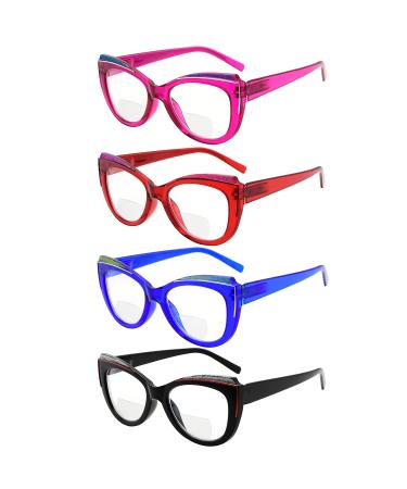 Eyekepper 4-pack Bifocal Reading Glasses Bling Design Cat Eye Bi-focal Readers Women +2.00 4 Pack Clear Lens Mix Color 2.0 x