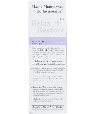 Maine Medicinals Relax + Restore Alcohol-Free Herbal Stress Support- with Nervines and Adaptogens for Healthy Calm* Certified Organic - 2 floz (60 Servings) - Buy Online on GoSupps.com