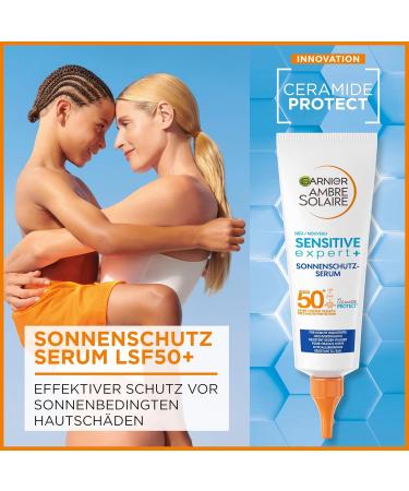 Garnier Sun Protection Serum SPF 50+ for Sensitive Skin | Waterproof Sunscreen for Face & Body | Non-Greasy Formula with Ceramides | Ambre Solaire Sensitive Experts 125ml - Buy Online on GoSupps.com