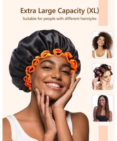 Mikimini Black Large Shower Cap for Women - Waterproof Bathing Hair Cap with Reusable PEVA Lining - Non-Fading & Stretchy Shower Hat - XL/1PC Black+Orange - Buy Online on GoSupps.com