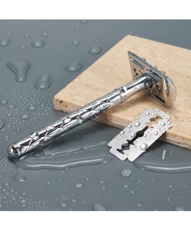 Single Blade Safety Razor - Premium Metal Razor for Men & Women with 10 Stainless Steel Blades - Silver Finish - Buy Online on GoSupps.com