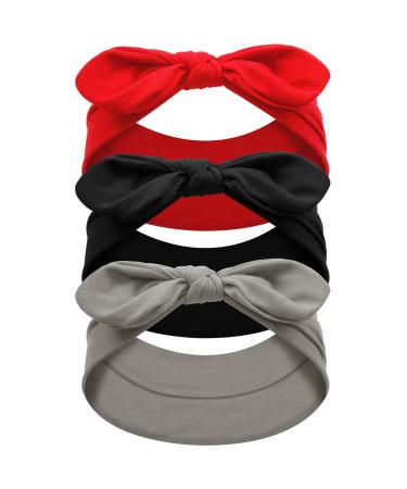 AKTVSHOW 3 Pack Bow Headbands for Women Girls Cotton Turban Vintage Criss Cross Elastic Knotted Non Slip Rabbit Ears Hairbands Hair Wrap Hair Accessories Black Red Grey