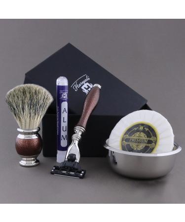 Haryali London 5-Piece Maroon Antique Shaving Kit with Black Badger Hair Brush, 3 Edge Razor, Bowl, Soap, and Alum Pencil - Ideal Men's Grooming Set - Buy Online on GoSupps.com