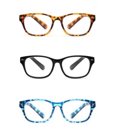 3 Pack Retro Readers Plastic Vintage Style Reading Glasses for Men and Women Amber Black and Blue 3.0 Diopters