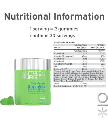 Nutriburst GreenVita Multipack - Vegan Super Greens Blend - Fruit + Veg + 100% Fruiting Bodies Mushrooms + 200 Million Live Bacteria Cultures - Boosted with Vitamins - 3 x 60 Gummies / 3 Month Supply 180 Count (Pack of 1) Greenvita - Super Greens - Buy Online on GoSupps.com