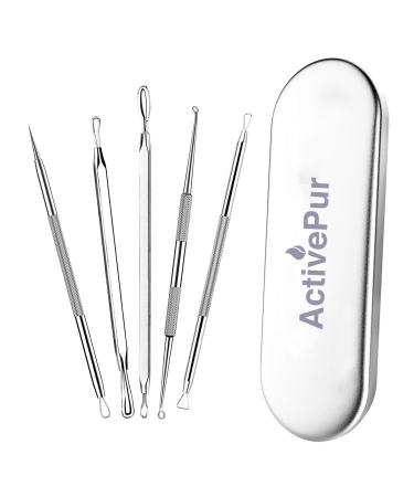 ActivePur Blackhead Remover Pimple Comedone Extractor Tool Best Acne Removal Kit for Blemish Whitehead Popping Zit Removing for Risk Free Nose Face Skin with Metal Case - 5 Pieces Set.