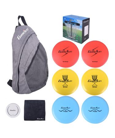 DISC Golf Set Includes 1pc Heavy Duty Nylon Backpack Bag, 2pcs Drivers, 2pcs Mid-Ranges, 2pcs Putters, 1pc Mini Disc Marker, 1pc 12x12 Embroider Logo Black Towel and 1pc Gift Color Box Rray