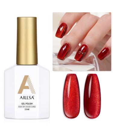 AILLSA Red Cat Eye Gel Polish Burgundy Glitter Crystal Gel Nail Polish with Magnet Blood Shimmer Translucent Gel Nail Polish Reflective Wine Holographic Jelly Color U V Nails DIY at Home 0.5 OZ GF21 Burgundy Red