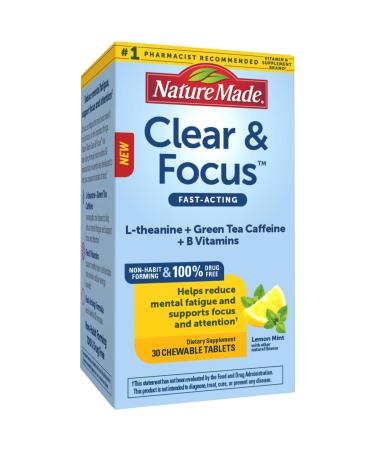 Nature Made Clear & Focus, L-theanine and Low-Dose Green Tea Caffeine, Helps Reduce Mental Fatigue and Supports Focus, Five B Vitamins for Cellular Energy Support, Lemon Mint, 30 Chewable Tablets