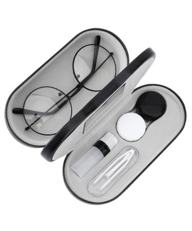 MoKo Double Eyeglass Case with Mirror Tweezers Remover, 2 in 1 Double Sided Portable Contact Lens Box Holder Container Pouch Black