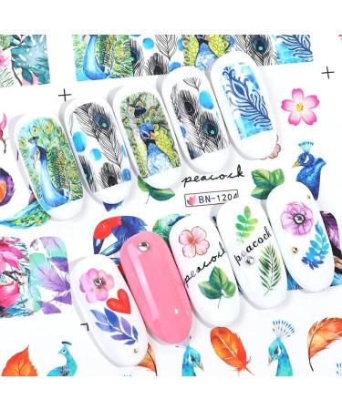 Peacock Nail Art Stickers Feather Nail Sticker CHANGAR Flower Leaf Grass Water Nail Decals 12 Sheets Peacock Feather DIY Nail Decorations Manicure Tips for Woman Girl Children - Buy Online on GoSupps.com