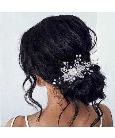Bridal Rhinestone Pearl Silver Crystal Flower Hair Clip Comb | Wedding Headpiece for Women Girls Bridesmaid - Buy Online on GoSupps.com