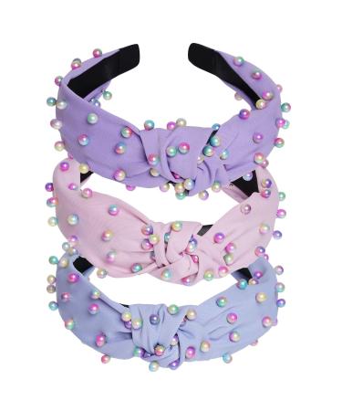 Sucrain 3 Pcs Pearl Knotted Headbands for Women Girls Colorful Jeweled Embellished Gem Faux Pearl Cross Knot Twisted Hairband Turban Headband Hair Accessories(Pink Blue Purple) Pearl headband A