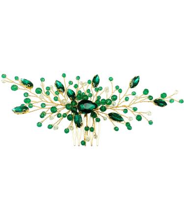 Bride Wedding Hair Comb Green Crystal Golden Bridal Hair Vine Piece Accessories for Women Girls Party Photography (Green)