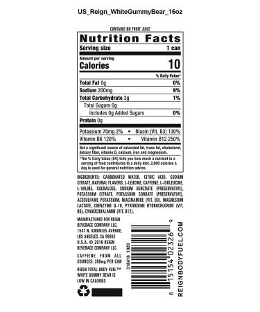 Reign Total Body Fuel White Gummy Bear Performance Drink - 16 Fl Oz (Pack of 12) - Buy Online on GoSupps.com