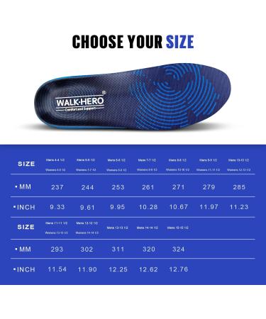 WALKHERO Medium Arch Support Insoles for Men & Women - Cushioning Orthotic Inserts for Plantar Fasciitis Relief Shock Absorption | Sizes 6-6.5 (M) & 8-8.5 (W) - Blue - Buy Online on GoSupps.com