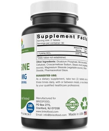 Brieofood L-Lysine 2000mg per Serving - 180 Vegetarian Tablets - Lysine for Cats & Immune Health - Buy Online on GoSupps.com