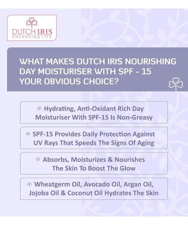 Dut'ch I'ris Nourishing Day Moisturiser with SPF-15 | Wheatgerm Geranium & Jojoba Extracts | Broad Spectrum Protection | For Women & Men (Unisex) | 100gms - Buy Online on GoSupps.com