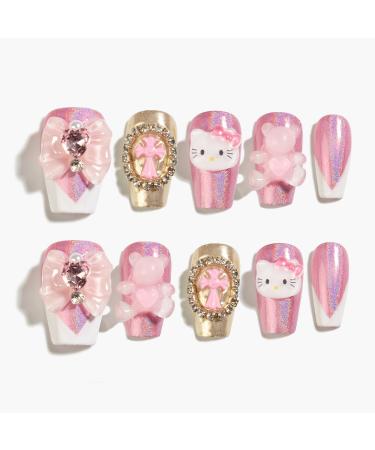 Sun&Beam Nails Handmade Press-on Nails Short Coffin Ballerina Pink White Design False Tips 10Pcs (#112 S)