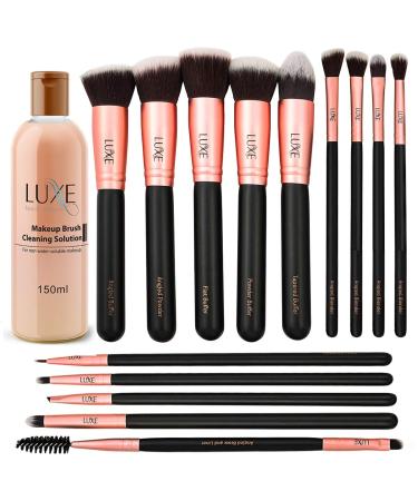 Luxe Premium Makeup Brushes Set for Face and Eye - Synthetic Brushes for Foundation  Powder  Blush  Eyeshadow - Brush Cleaning Solution Included - Perfect Make Up Brushes Kit  Beauty Brush Set (14pc)