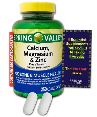 Calcium Magnesium & Zinc Plus - Vitamin D3 Coated Caplets | 250 Caplets | Spring Valley - Healthy Bones Teeth Nerve Muscle Heart & Immune Function + Vitamin Pouch and Guide to Supplements