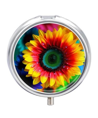 Pill Box Pill Case 3 Compartment Travel Pill Box Rainbow Sunflower Printing Small Pill Box Portable Medicine Pill Case Pill Organizer for Purse & Pocket for Travel Handbag (Round)