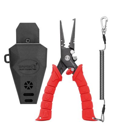 SAMSFX 7.5 inch Fishing Pliers, Stainless Steel Hook Remover Fishing Gear, Tungsten Carbide Cutters, Corrosion Resistant Teflon Coating Red Handle, Split Ring Nose